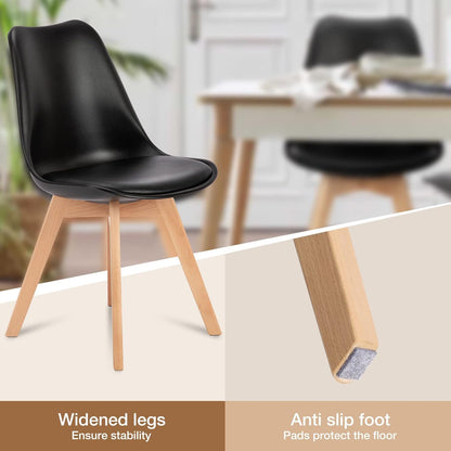 Dining Chairs Set of 8 Kitchen Mid Century Modern Chairs with Wood Legs and PU Leather Cushion for Living Room Bedroom Outdoor Lounge, Black