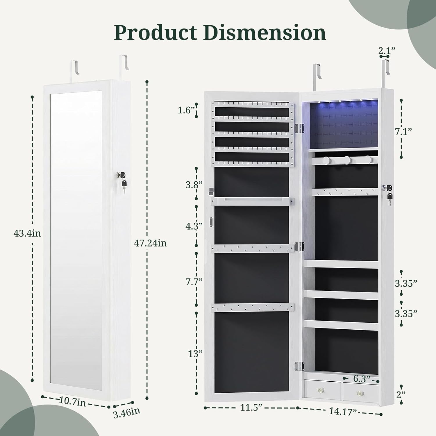 Jewelry Armoire, 47.2" Tall Lockable Jewelry Organizers and Storage Cabinet with Full-Length Mirror, 6 Leds Mirror Jewelry Cabinet, Wall or Door Mounted Jewelry Storage for Women Bedroom, Gift Idea