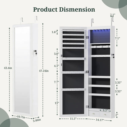 Jewelry Armoire, 47.2" Tall Lockable Jewelry Organizers and Storage Cabinet with Full-Length Mirror, 6 Leds Mirror Jewelry Cabinet, Wall or Door Mounted Jewelry Storage for Women Bedroom, Gift Idea
