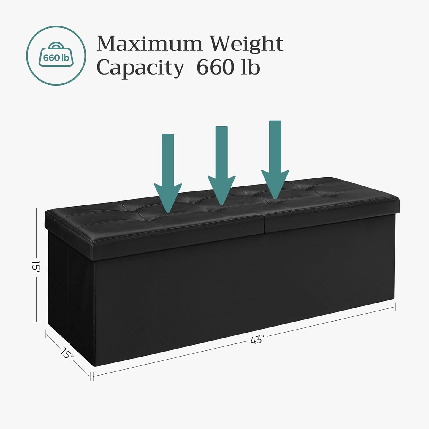 MAZIE Collection - 43 Inches Storage Ottoman Bench with Flipping Lid, Storage Chest with Iron Frame Support, Load 660 Lb, for Living Room, Bedroom, Synthetic Leather, Black ULSF75BK