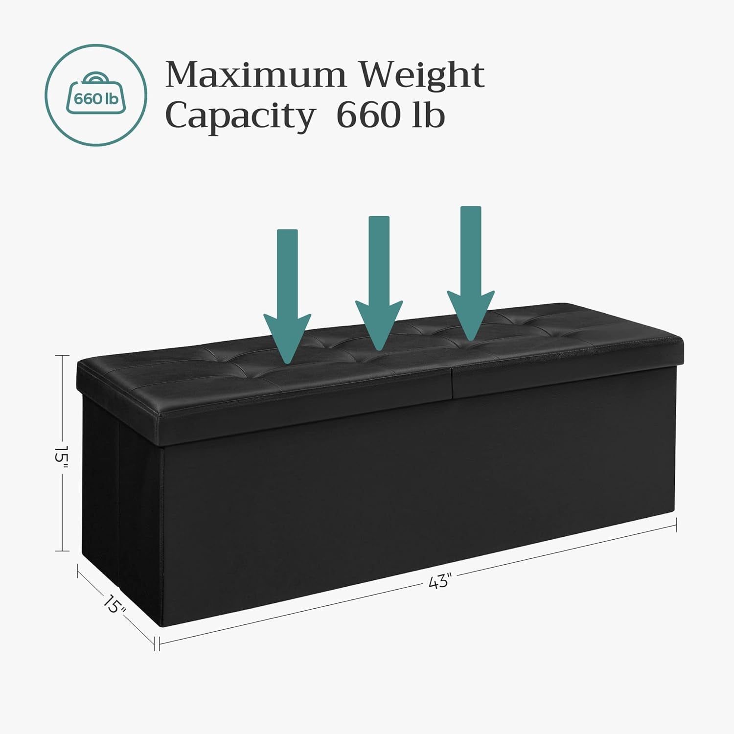 MAZIE Collection - 43 Inches Storage Ottoman Bench with Flipping Lid, Storage Chest with Iron Frame Support, Load 660 Lb, for Living Room, Bedroom, Synthetic Leather, Black ULSF75BK