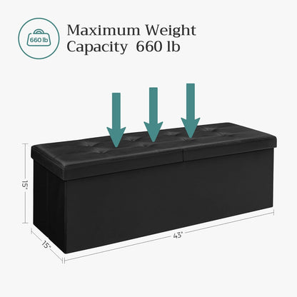 MAZIE Collection - 43 Inches Storage Ottoman Bench with Flipping Lid, Storage Chest with Iron Frame Support, Load 660 Lb, for Living Room, Bedroom, Synthetic Leather, Black ULSF75BK