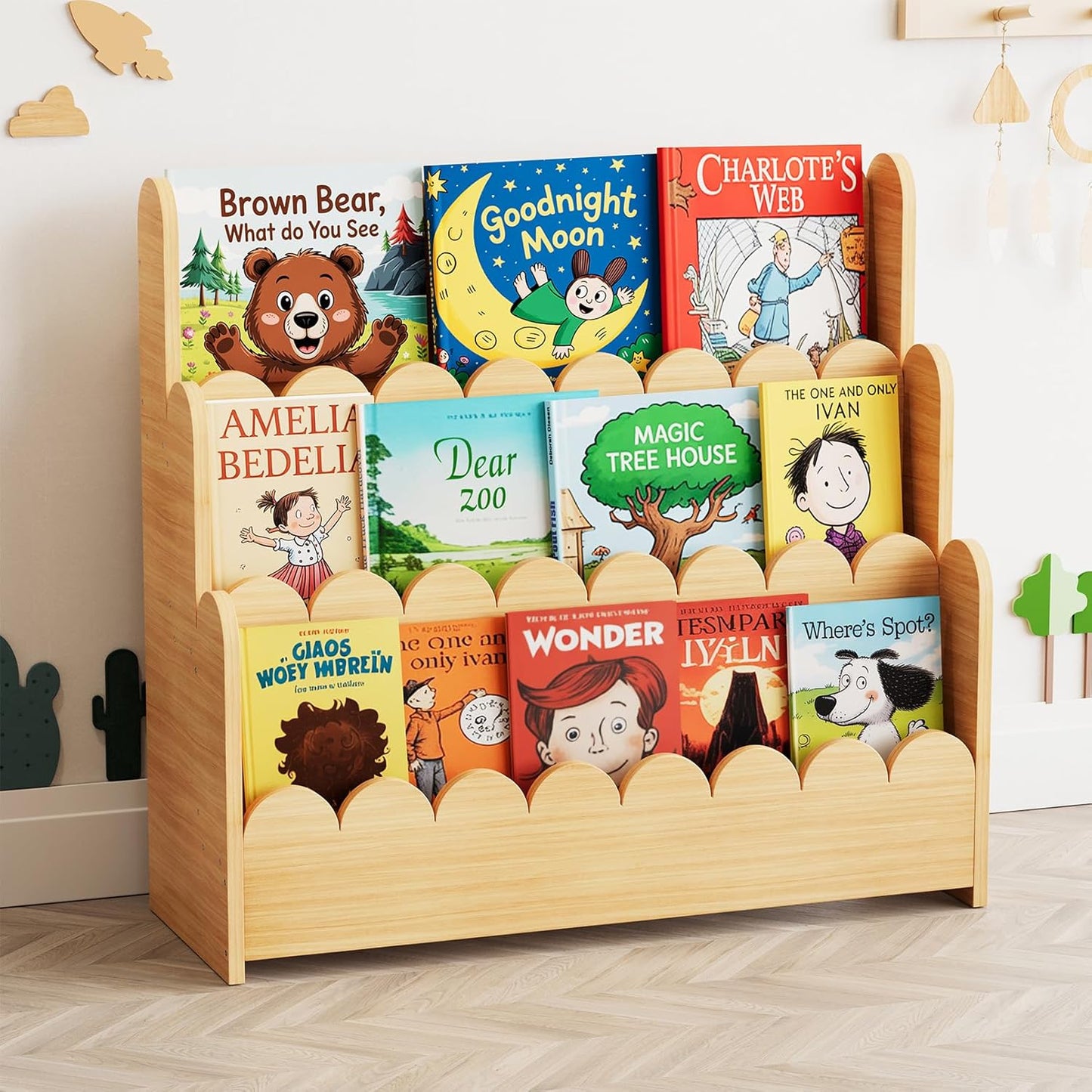 3-Tier Scalloped Bookshelf, Montessori Bookcase for Toddlers, Wooden Book Shelf Organizer Display Furniture for Kids Rooms, Playroom, Nursery and Classroom, Natural