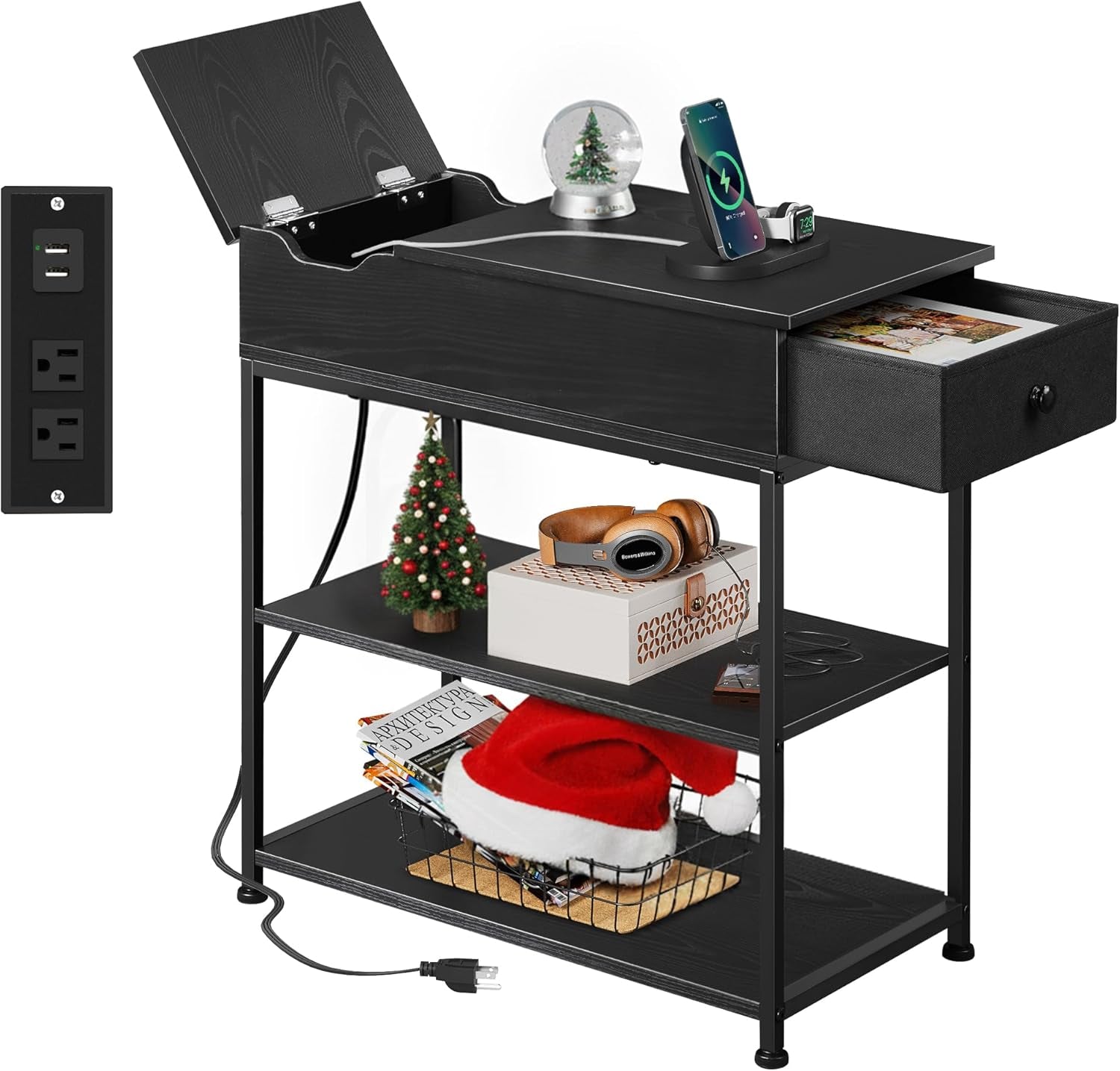 Narrow Side Table with 2 USB Ports and 2 Outlets, Flip Top Black End Table with Drawer and Storage Shelves, Small Nightstand with Charging Station for Living Room/Bedroom