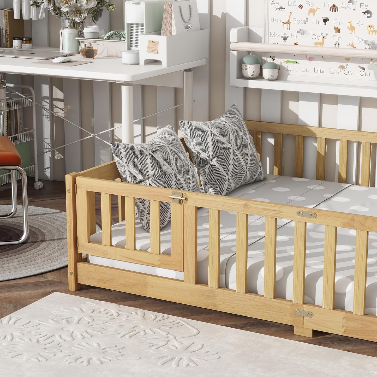 Full Size Floor Bed with Slats and Safety Guardrail, Full Size Montessori Floor Bed with Fence and Door, Easy Assemble Montessori Beds for Kids, Girls, Boys, Natural