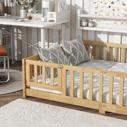Full Size Floor Bed with Slats and Safety Guardrail, Full Size Montessori Floor Bed with Fence and Door, Easy Assemble Montessori Beds for Kids, Girls, Boys, Natural