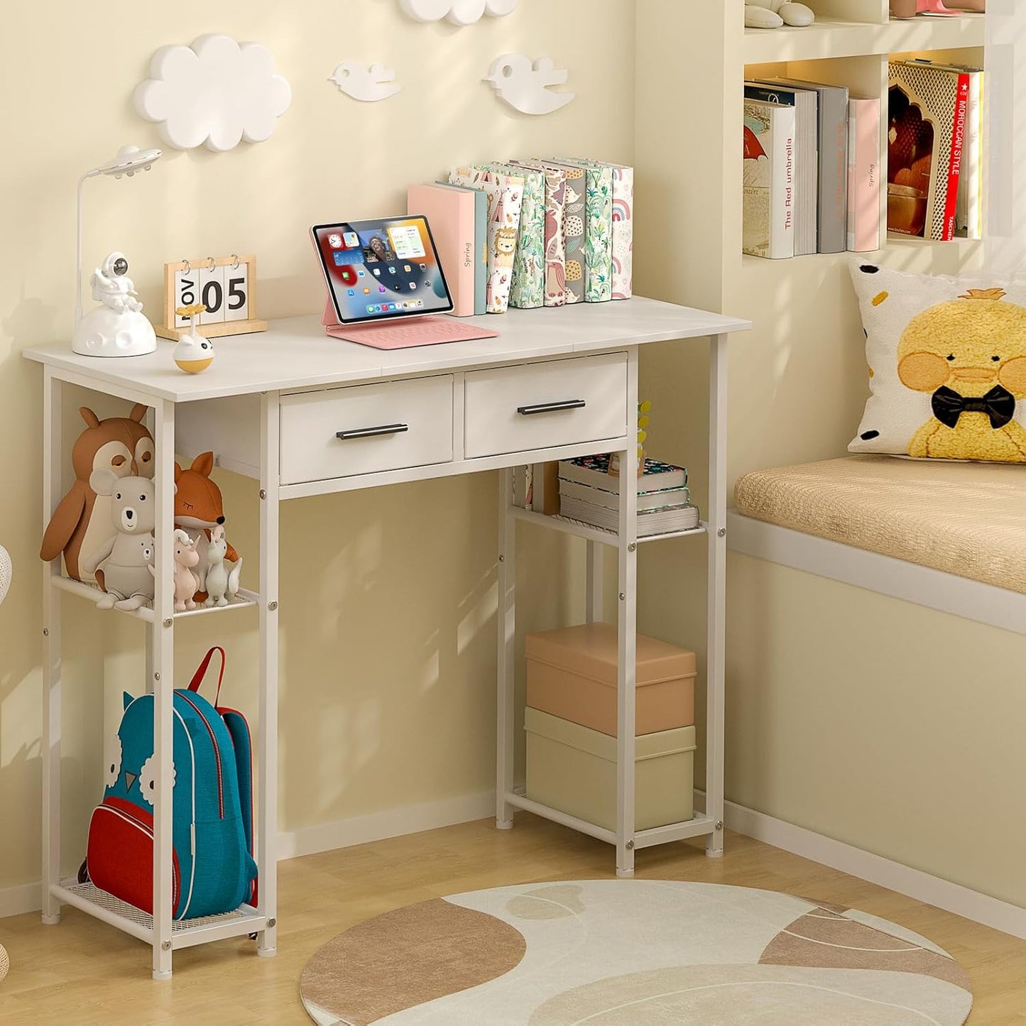 White Computer Desk with Drawers, 37.3 Inch Home Office Work Desk with Storage Shelf, Kids Teens Study Table for Small Space, Small Writing PC Table for Bedroom Makeup Vanity Desk