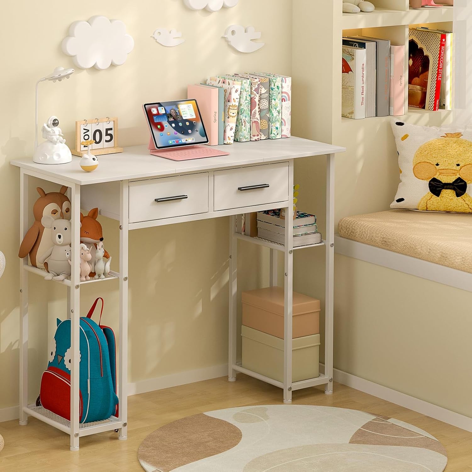 White Computer Desk with Drawers, 37.3 Inch Home Office Work Desk with Storage Shelf, Kids Teens Study Table for Small Space, Small Writing PC Table for Bedroom Makeup Vanity Desk
