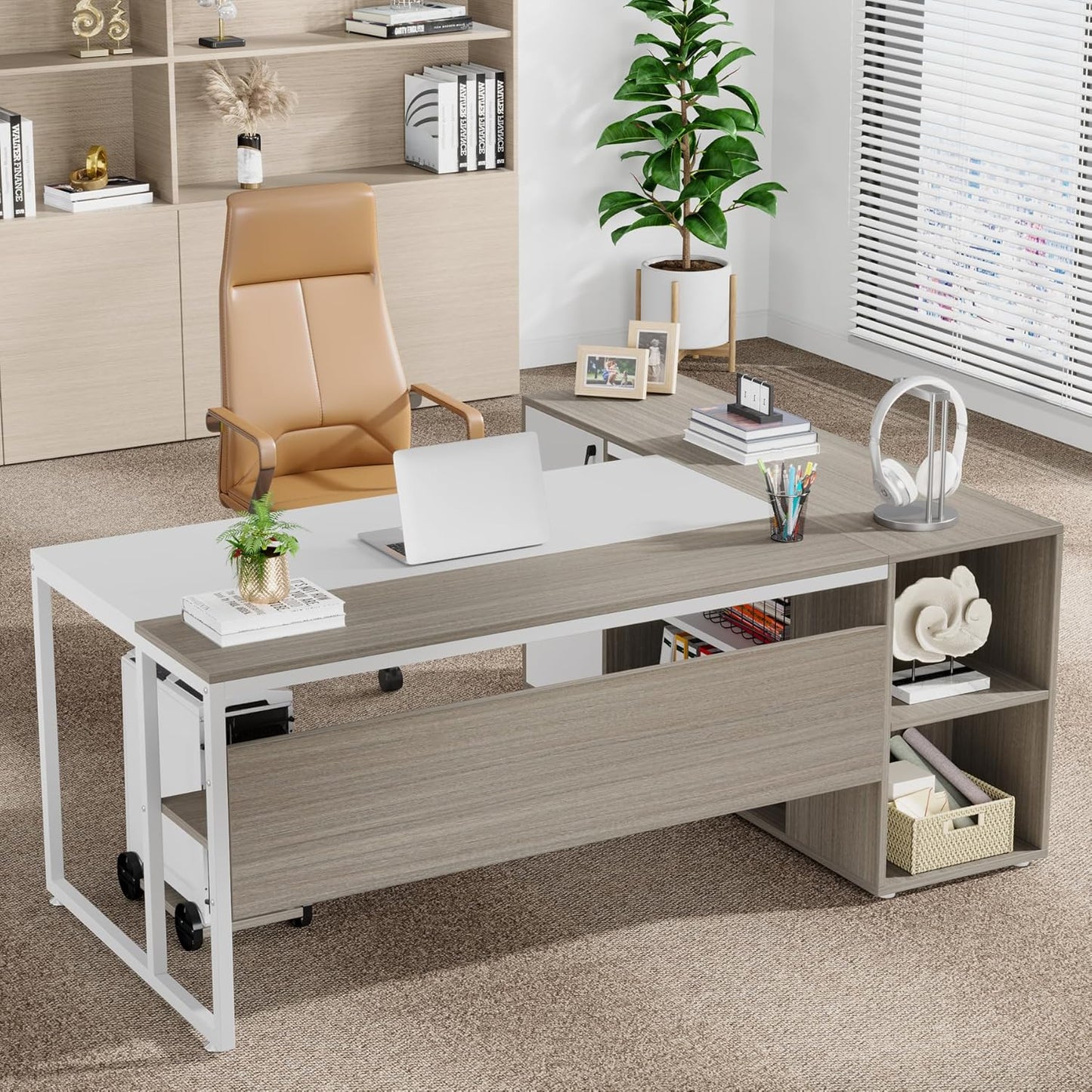 71 Inch Executive Desk, L Shaped Desk with Cabinet Storage, Executive Office Desk with Shelves, Business Furniture Set Workstation for Home Office, Gray and White