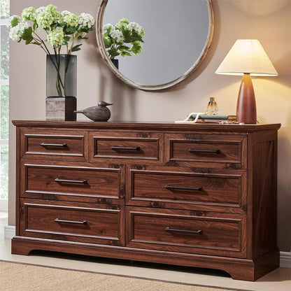 7 Drawer Dresser, Farmhouse Chest of Drawers for Bedroom, 52" Wide Dresser TV Stand with Large Metal Handles, Wood Drawer Organizer for Living Room, Hallway - Brown