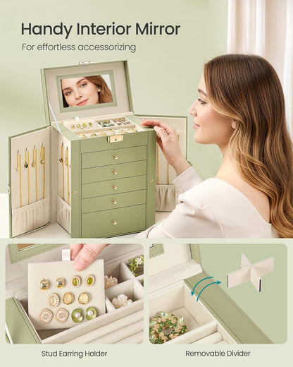 6-Layer Jewelry Box Organizer with 5 Drawers, Jewelry Storage Case with Lock and Mirror, Large Storage Capacity, Gift for Loved Ones, for Necklaces, Watches, Sage Green UJBC152CE01S