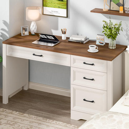 Farmhouse Executive Desk with Storage and Ample File Drawer, Rustic Large Home Writing Desk for Bedroom, White