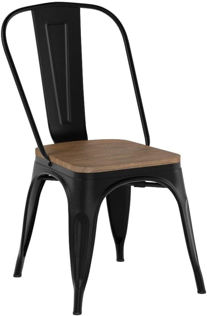 Metal Dining Chairs Set of 4, Industrial Stackable Kitchen Chairs with Wood Top Seat for Dining Room/Restaurant/Bistro/Patio, Indoor & Outdoor Use, Black