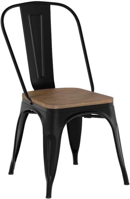 Metal Dining Chairs Set of 4, Industrial Stackable Kitchen Chairs with Wood Top Seat for Dining Room/Restaurant/Bistro/Patio, Indoor & Outdoor Use, Black