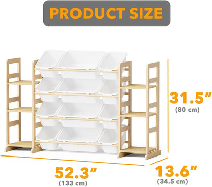 Toy Storage Organizer with 6 Shelves and 12 Bins, Bookshelf/Bookcase, Kids Bin Shelf, Toys Box for Playroom Organization for Bedroom & Room Decor, White, 52.3" W