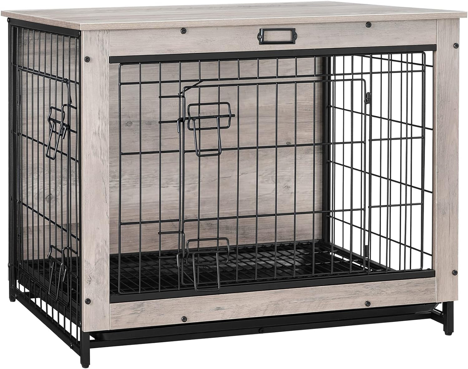 Dog Crate Furniture, 32.5" Medium Dog Kennel Indoor, Wooden Cage with Pull-Out Tray, Double Doors Pet House Side End Table for Medium/Small Dogs, Greige BG802GW03