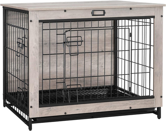 Dog Crate Furniture, 32.5" Medium Dog Kennel Indoor, Wooden Cage with Pull-Out Tray, Double Doors Pet House Side End Table for Medium/Small Dogs, Greige BG802GW03