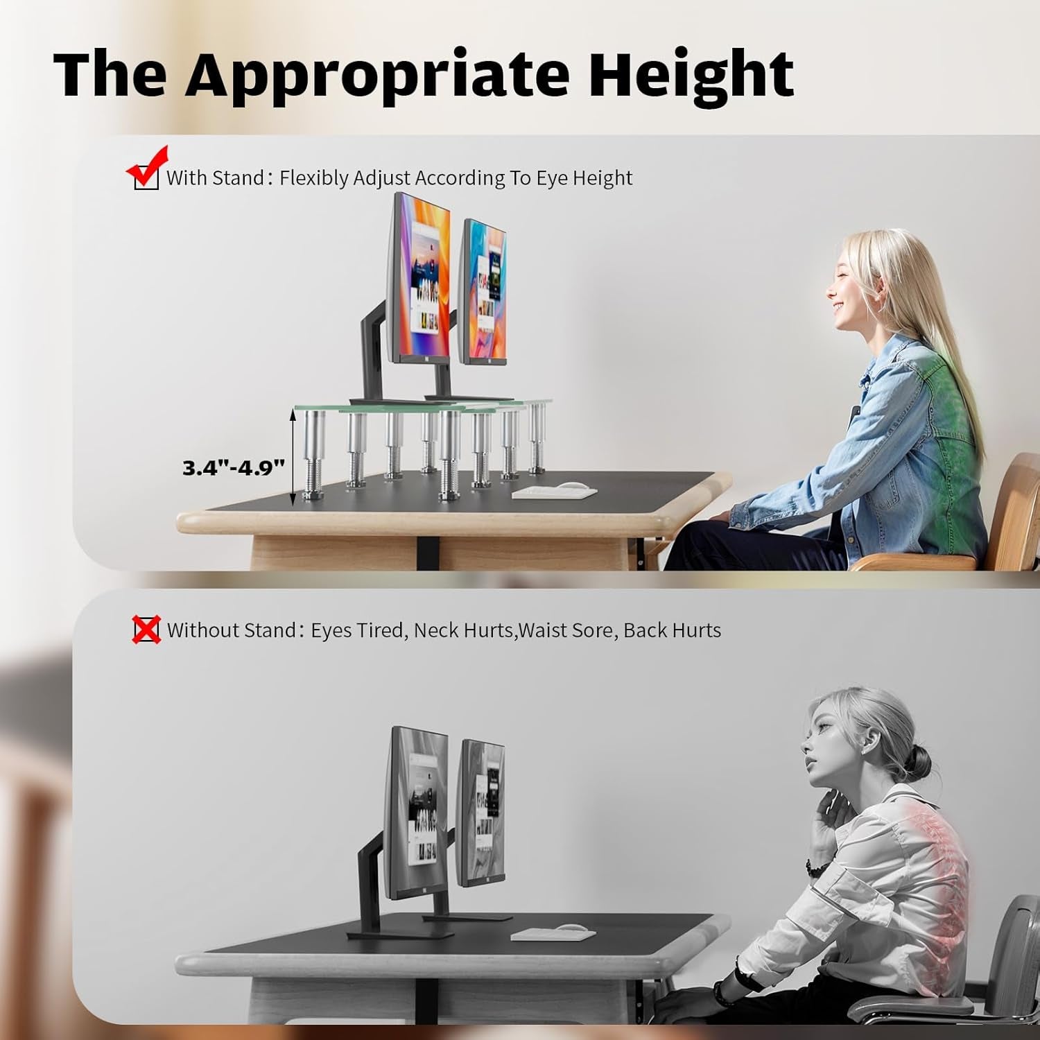 Dual Monitor Stand -Adjustable Length and Angle Dual Monitor Riser, Desktop Organizer for PC, Computer, Laptop (Clear)