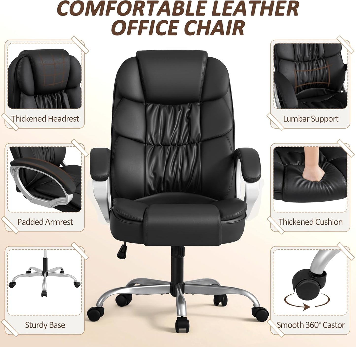 Office Chair High Back Computer Desk Chair, PU Leather Adjustable Height Modern Executive Swivel Task Chair with Padded Armrests and Lumbar Support (Black)