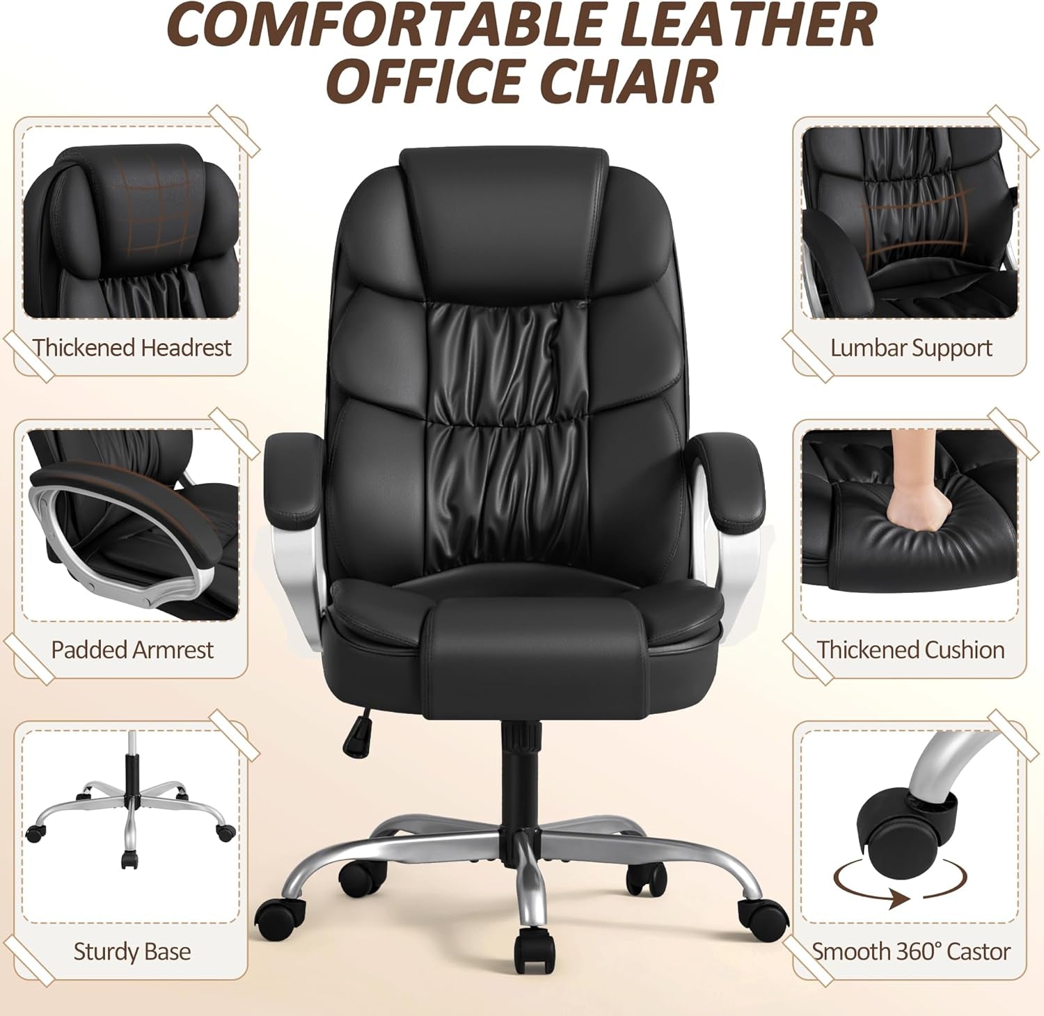 Office Chair High Back Computer Desk Chair, PU Leather Adjustable Height Modern Executive Swivel Task Chair with Padded Armrests and Lumbar Support (Black)