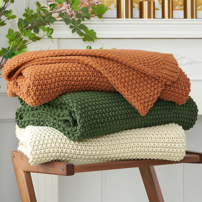 Chunky Cable Knit Throw Blanket Lightweight Beige 100% Organic Cotton Blanket for Sofa Couch Bed Baby Nursery, Rustic Shabby Chic Modern Farmhouse, 51” X 63” Give Laundering Bag