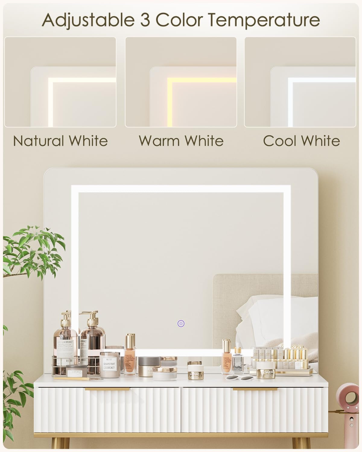 Makeup Vanity Desk with Lights and Mirror, Small Makeup Vanity Table with 2 Drawers, Dressing Table with 3 Adjustable Lighting Color, Small Makeup Desk for Bedroom, White with Gold Leg