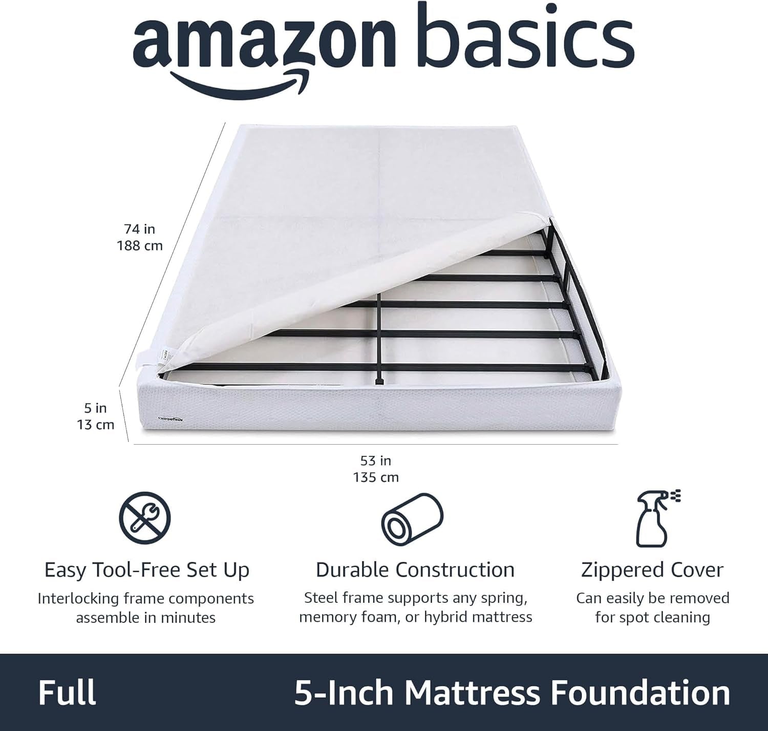 Smart Box Spring Bed Base, 5-Inch Height Mattress Foundation, Tool-Free Easy Assembly, Full, 74"L X 53"W X 5"H, White