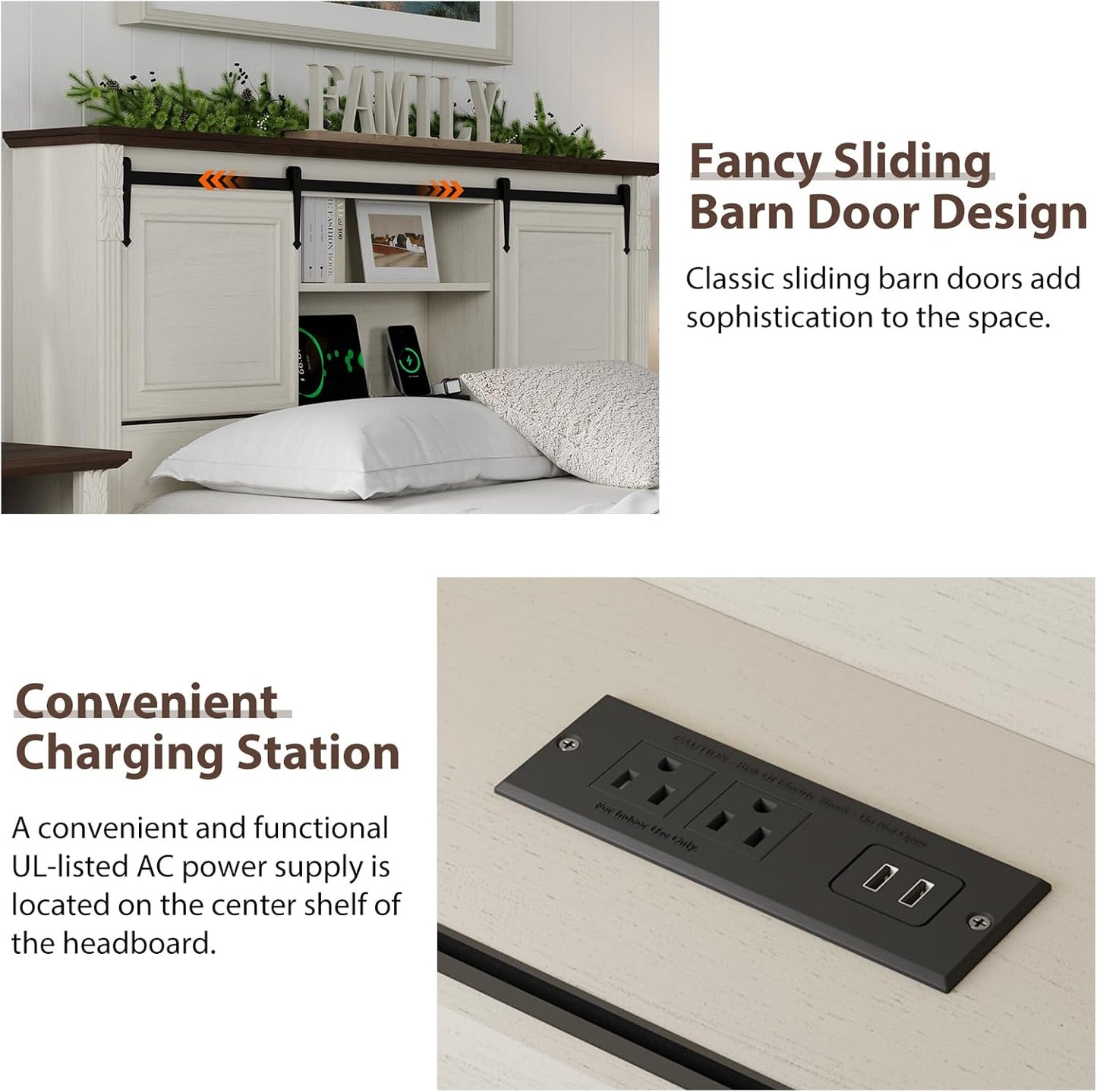 Antique White Queen Size Bed Frame with Storage Headboard, Charging Station, Bracket Footboard, Farmhouse Bed Frame with Bookcase and Sliding Barn Doors, Noiseless,No Box Spring Needed