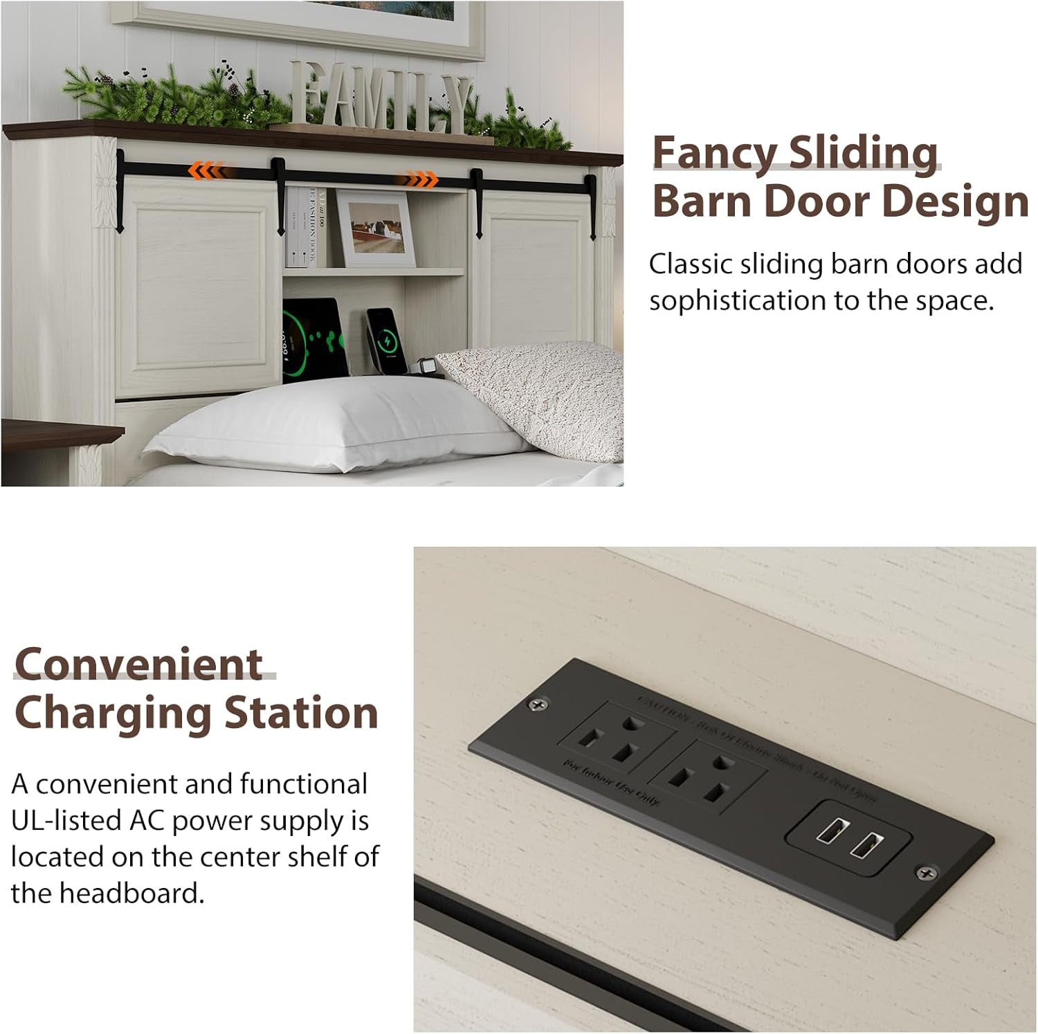 Farmhouse Queen Size Bed Frame with Storage Bookcase Headboard, Wood Platform Bed Frame W/Charging Station, Bracket Footboard, 2 Large Sliding Barn Doors, No Box Spring Needed - Antique White