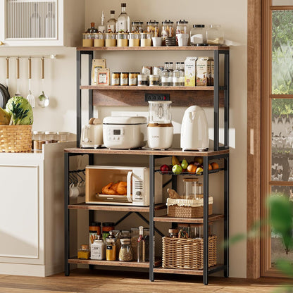 Bakers Rack with Power Outlet, 35.4 Inches Coffee Bar with Wire Basket, Kitchen Microwave Stand with 6 S-Shaped Hooks, Open Storage Shelves, Rustic Brown