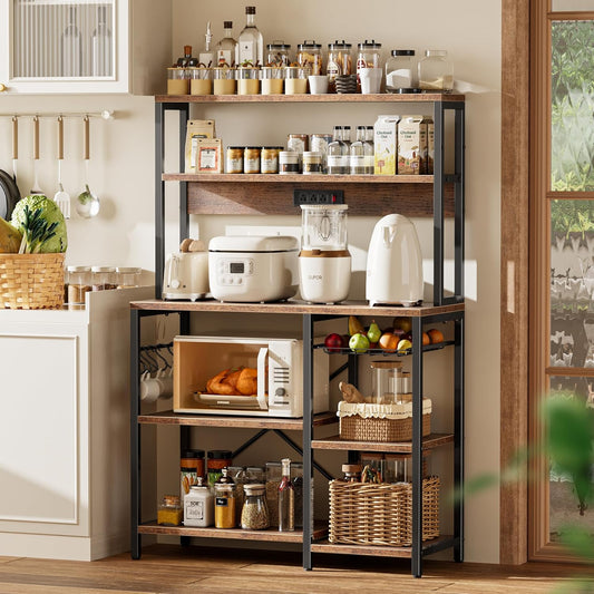 Bakers Rack with Power Outlet, 35.4 Inches Coffee Bar with Wire Basket, Kitchen Microwave Stand with 6 S-Shaped Hooks, Open Storage Shelves, Rustic Brown