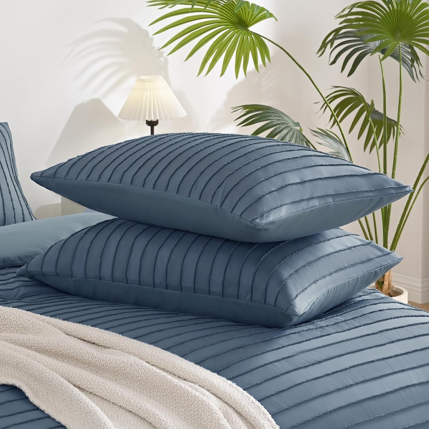 Pillowcases King Size Blue 2 Pack Boho Striped Bed Pillow Covers 20X36In Polyester Envelope Pillow Shams Tufted Bohemian Textured (Pillows Are Not Included)