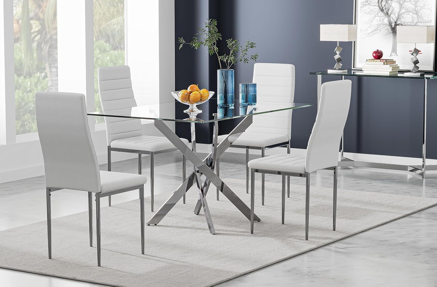 5 Piece Dining Table Table Set, Tempered Glass Dining Table Set for 4 Kitchen Table Set with 4 Upholstered Chairs for Kitchen Dining Room (Sliver Table with White Chair)
