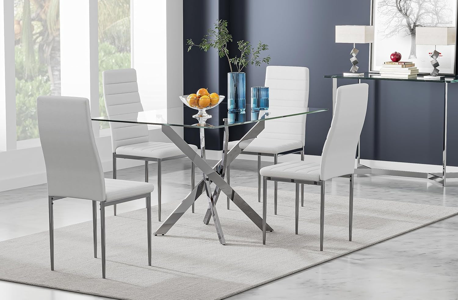 5 Piece Dining Table Table Set, Tempered Glass Dining Table Set for 4 Kitchen Table Set with 4 Upholstered Chairs for Kitchen Dining Room (Sliver Table with White Chair)