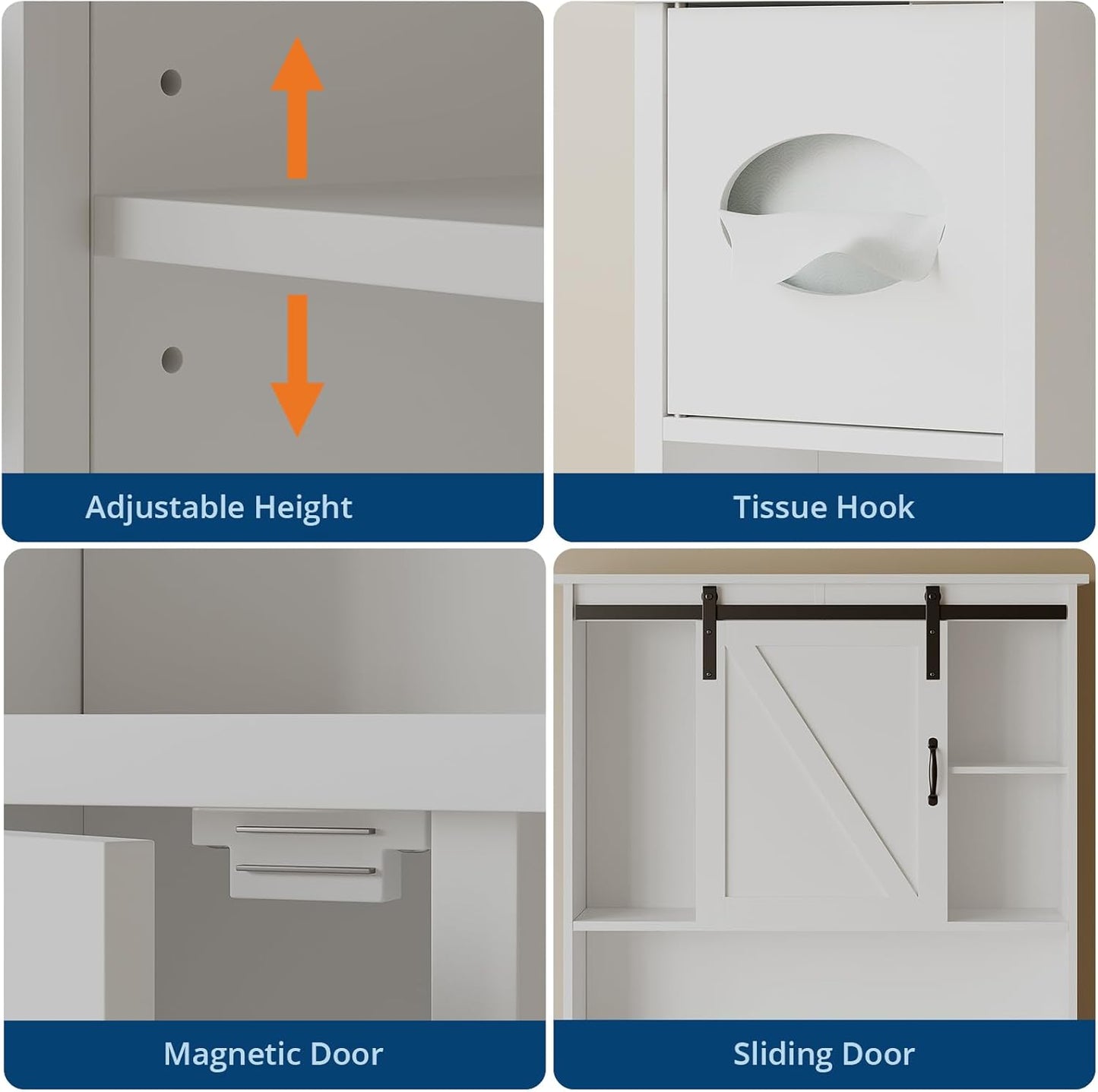 Over the Toilet Storage Cabinet with Barn Doors and Toilet Paper Stand, Tall Freestanding Bathroom Cabinet with Open Shelves, Space Saver Storage over Toilet Organizer for Restroom, White