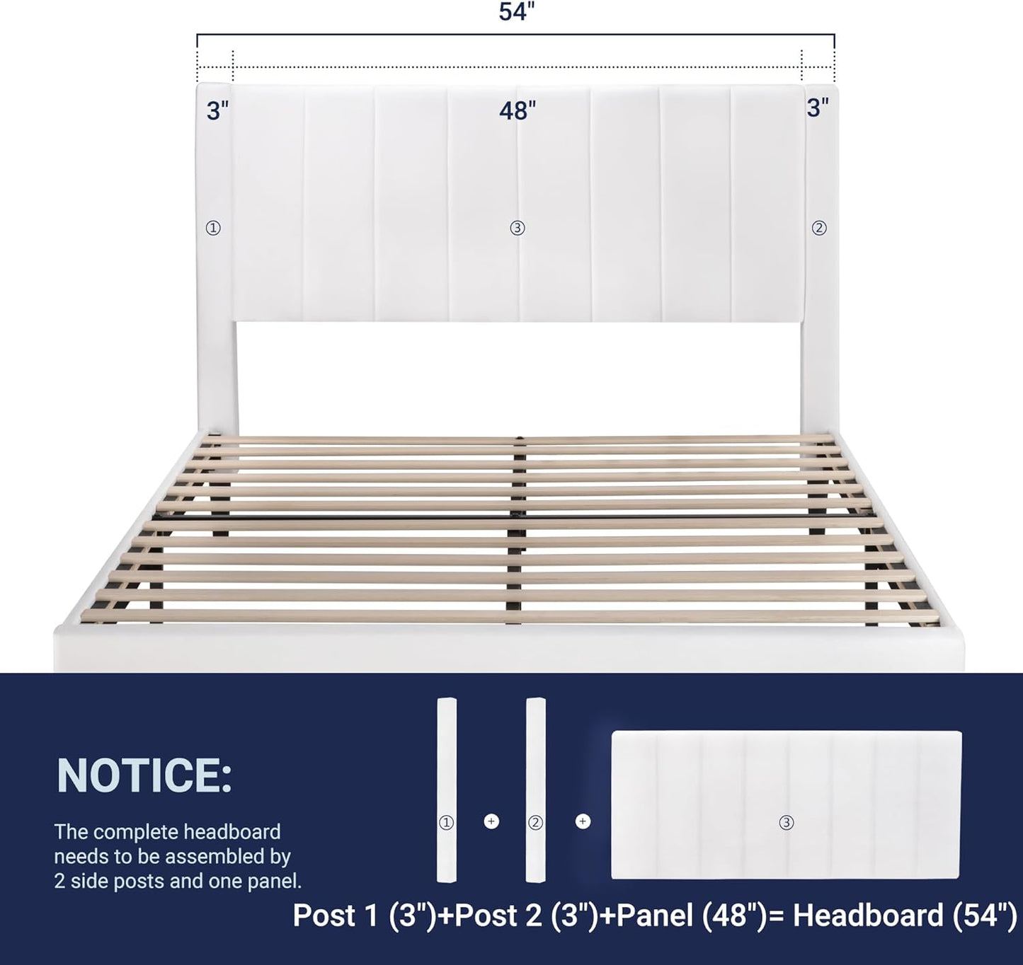 Full Bed Frame/Velvet Upholstered Bed Frame with Vertical Channel Tufted Headboard/Strong Wooden Slats/Platform Bed Frame/Mattress Foundation/Box Spring Optional/Easy Assembly/White
