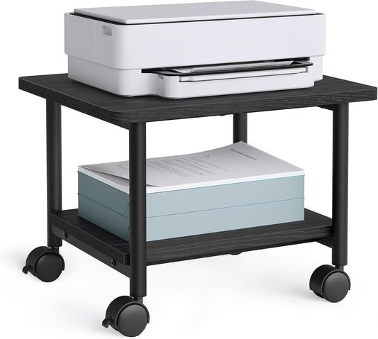 Heavy-Duty Printer Stand with Locking Wheels, 2-Tier Industrial Mobile Cart with Storage Shelf, under Desk Printer Table for Home, Office, 13.4" Height, Ebony Black UOPS02B