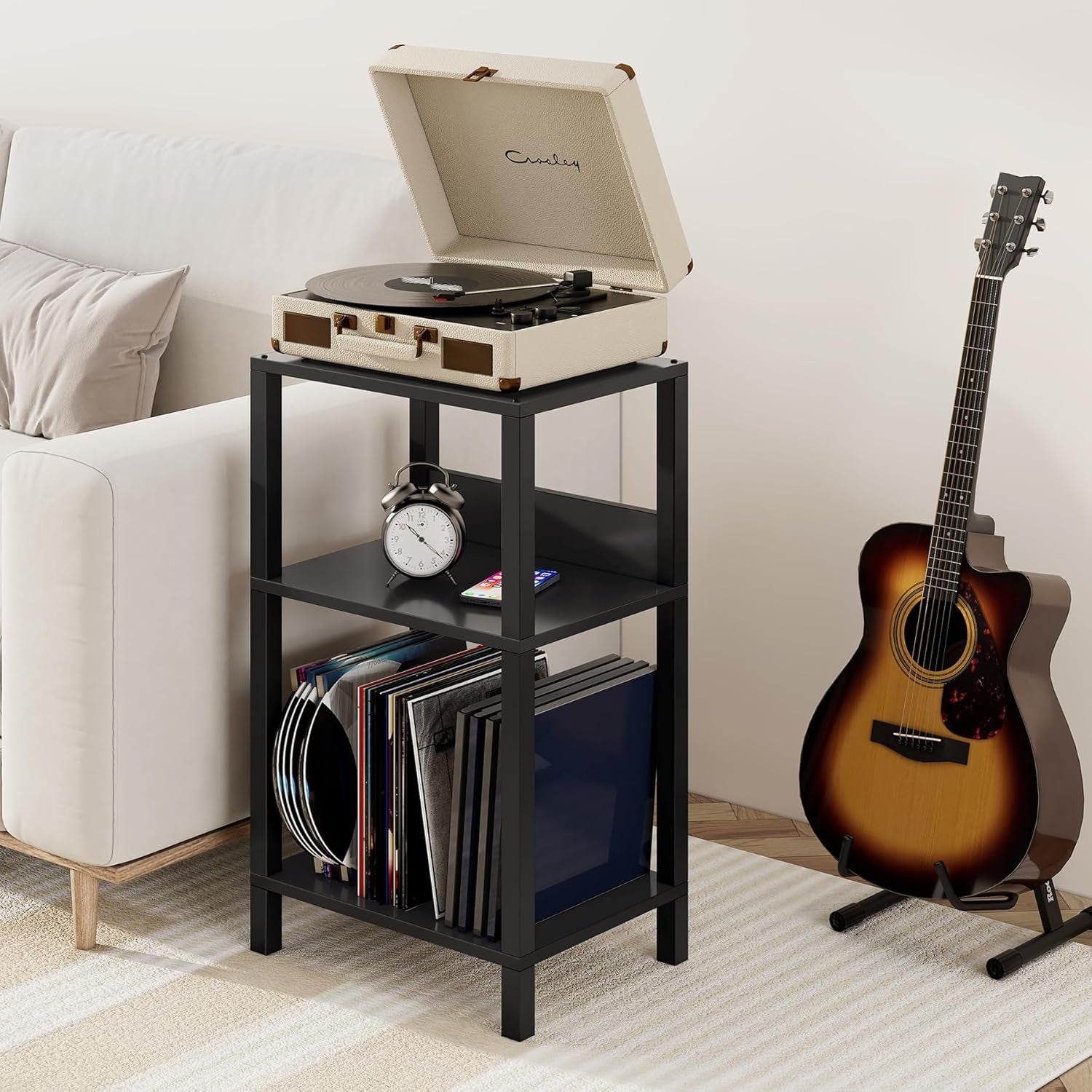 Record Player Stand with Storage up to 100 Albums,Record Storage Table,3 Tier End Table,Side Table for Living Room, Bedroom, Black TB01BK075