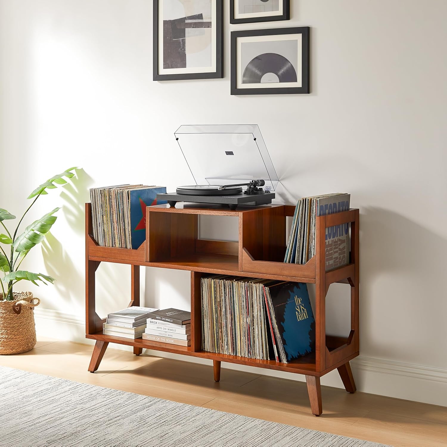 Asheville Mid-Century Modern Media Console Record Player Stand, Storage for Vinyl Records, Large, Walnut