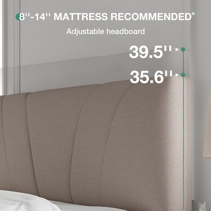 King Size Bed Frame with Adjustable Headboard Platform King Bed Frame Linen Fabric Upholstered Headboard, No Box Spring Needed, Noise-Free, Wooden Slats Support, Easy Assembly, Beige