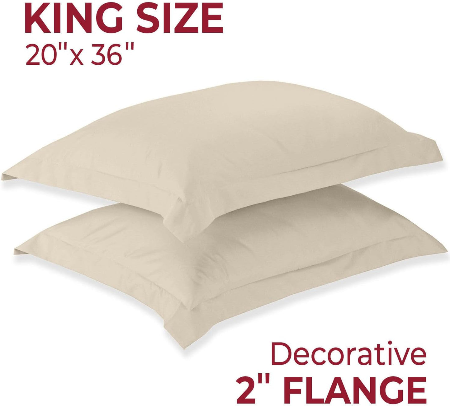Pillow Shams Set - 2 PC Iconic Collection Decorative Pillow Covers - Soft, Cooling, Wrinkle, Fade, Stain Resistant - Luxury Bed Accessories (King 20" X 36", Beige)