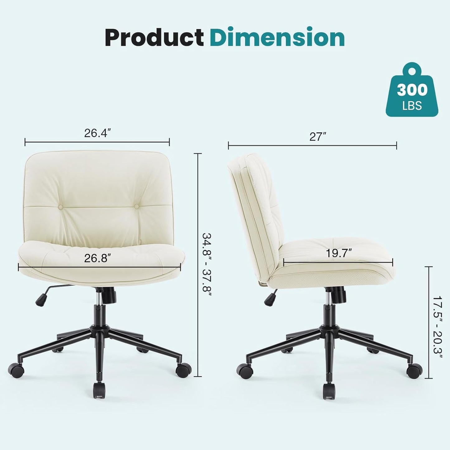 Criss Cross Chair with Wheels, Armless Wide Cross Legged Vanity Office Desk Chair with Comfy PU Leather& Back - Swivel for Home Office Bedroom, Beige