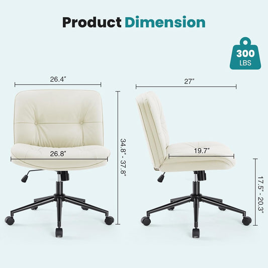 Criss Cross Chair with Wheels, Armless Wide Cross Legged Vanity Office Desk Chair with Comfy PU Leather& Back - Swivel for Home Office Bedroom, Beige