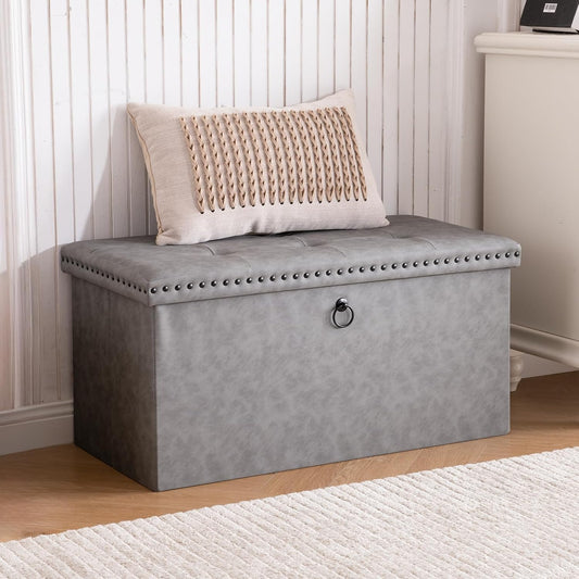 30 Inches Folding Storage Ottoman Bench, Leather End of Bed Foot Rest Stools with Button Tufted Rivet Design, Ottoman with Padded Seat for Bedroom, Living Room, Entryway, 330 Lb, Grey