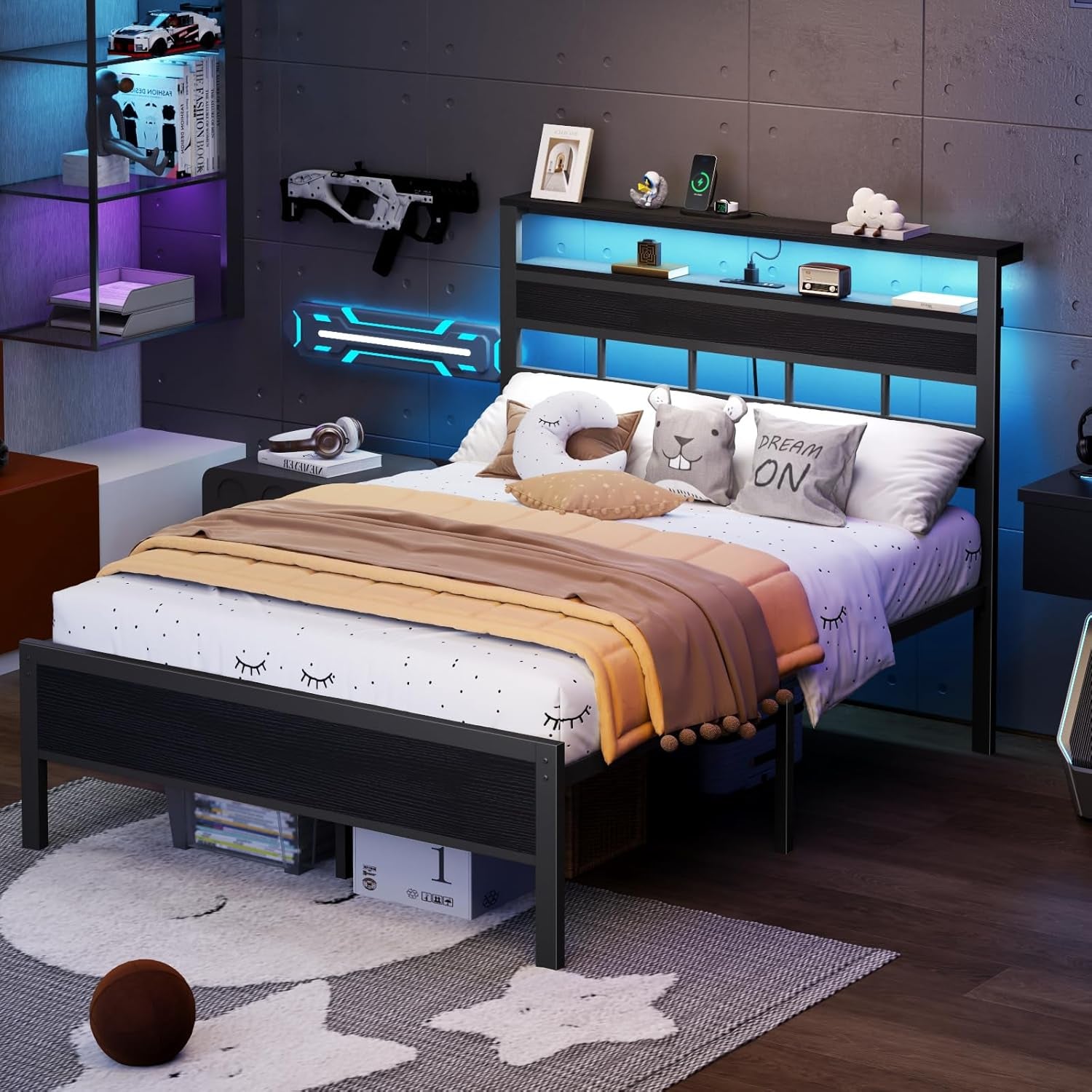 Full Size Bed Frame with LED Light and Charging Station, Wood Storage Headboard with 2-Tier Shelves, Metal Platform Bed with Heavy Duty Slats Support, No Box Spring Needed, Black Oak