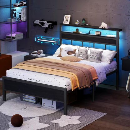 Full Size Bed Frame with LED Light and Charging Station, Wood Storage Headboard with 2-Tier Shelves, Metal Platform Bed with Heavy Duty Slats Support, No Box Spring Needed, Black Oak