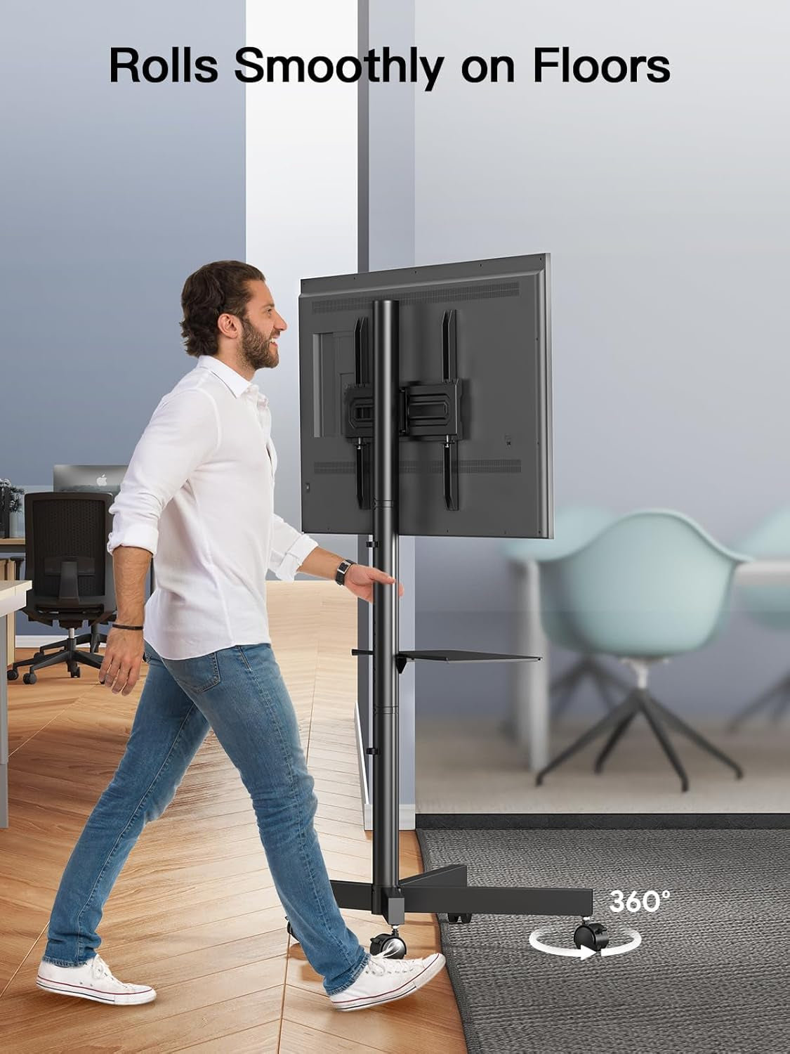 Rolling TV Stand on Wheels for 23-60 Inch Flat Curved Screen Tvs, Mobile TV Cart Height - Adjustable with Shelf/Tray, Portable TV Stand Holds up to 55 Lbs, Max VESA 400X400Mm, PSTVMC04