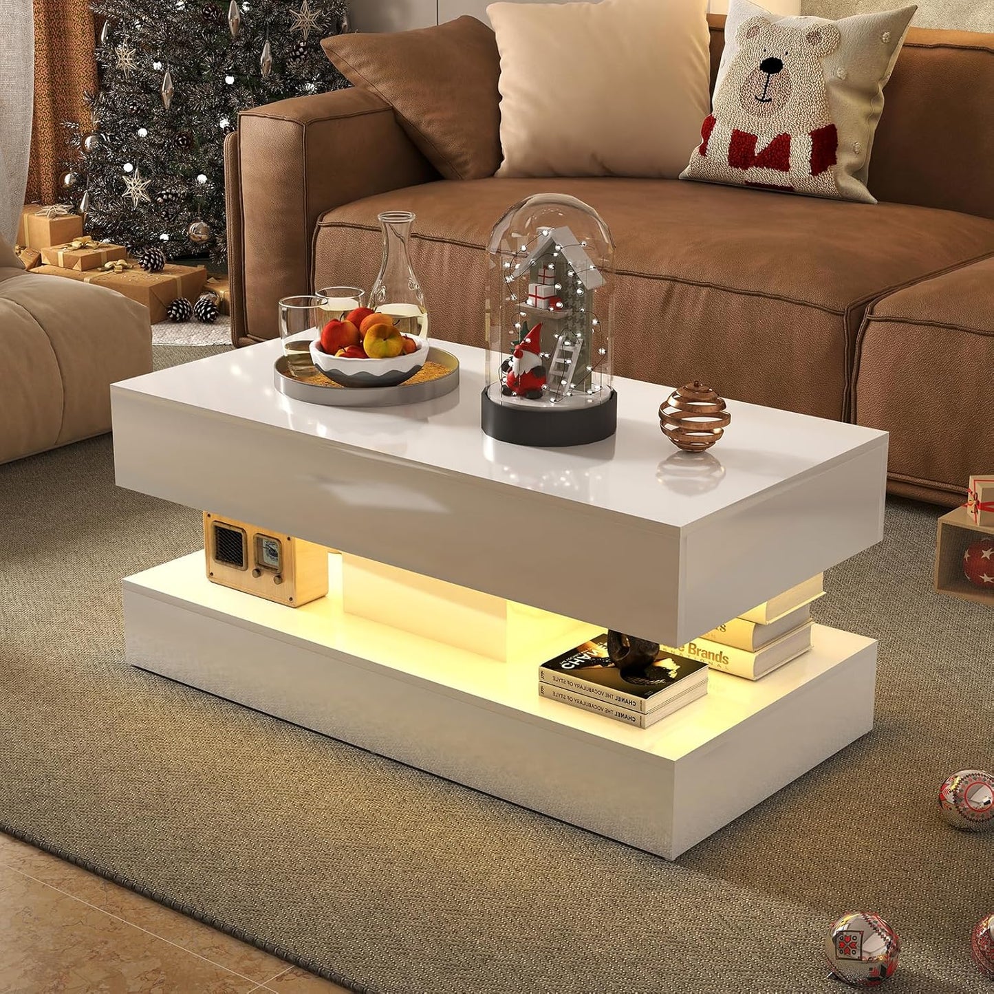 Modern High Gloss LED Coffee Table with Storage, 2-Tier Center Table with Open Display Shelf & 2 Sliding Drawers, Rectangle Coffee Tables for Living Room, Bedroom