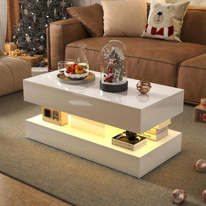 Modern High Gloss LED Coffee Table with Storage, 2-Tier Center Table with Open Display Shelf & 2 Sliding Drawers, Rectangle Coffee Tables for Living Room, Bedroom