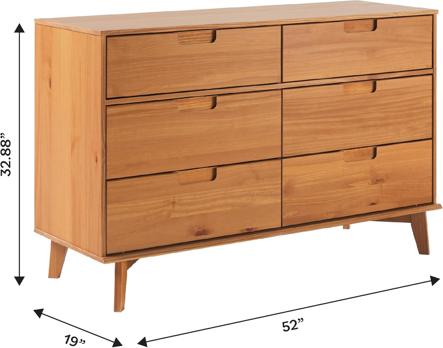 Sloane 6-Drawer Groove Handle Solid Wood Dresser, 52 Inch, Caramel